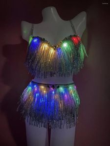 Palco desgaste sexy bar clube festa desempenho traje prata franjas sutiã shorts 2 peças conjunto brilhando led borlas strass bikini outfit