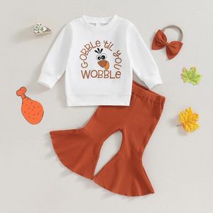 Set di abbigliamento 2024-08-01 lioraitiin da 6m-4t per bambini del ringraziamento per lettere a maniche lunghe per lettere di tacchino pantaloni svasati pantaloni