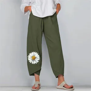 Calças femininas casuais crisântemo impresso harlem com bolsos cintura elástica perna larga cor sólida calças cortadas pantalones