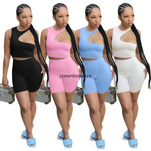 2024 Designer Sommer -Tracksuiten Frauen Outfits zweiteilige Sets ärmellose Hollow -out -Tanktop und Shorts Sweatsuits Fitness Sportswear Bulk Großhandel Kleidung