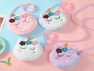 Handväska Baby Unicorn Swing Bag Kindergarten Kid Cartoon School Plush fylld myntväska för vinterbandsfärgad messenger axel med3476097