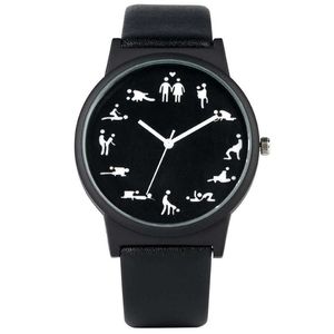 Creative Fun Quartz Watch for Men Black Dial Quartz Watches Comfortable Black Leather Strap Wristwatch for Male H1012213r
