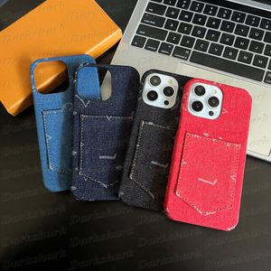 Retro jeans pano caso de telefone para iphone 15 14 13 12 pro max cartão de luxo bolso designer carta flor volta capa à prova de choque à prova de choque