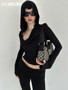 IAMSURE Elegant Fashion Gothic Solid Hooded Cropped T Shirt Dark Slim Slash Neck Long Sleeve Tees Women Summer Streetwear 240219