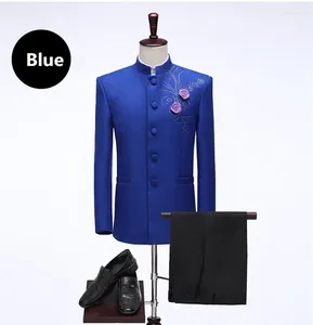 Stage Wear Abito tunica cinese Host maschile Stile coro Abiti da spettacolo Colletto alla coreana Pietre floreali Blazer Pantaloni Set da 2 pezzi