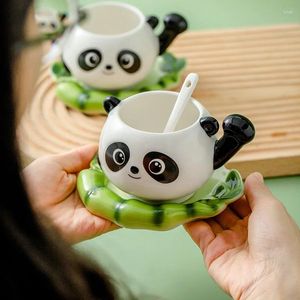 Copos pires estilo chinês adorável panda café cerâmica xícara e pires esmaltado 3d caneca pintada à mão