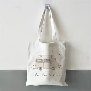 Sacchetti di spesa harajuku casual white semplice stampa semplice borsetta da donna sacca da cartone animato per spalla riutilizzabile.
