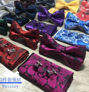 Paisley Bow Tie Set IE와 Hanky ​​CuffLinks 실크 Jacquard Men Butterfly Bowtie Square Handkerchief Suit Wedding1670323
