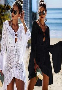 2019 virkning vit stickad strandtäckning klänning tunika långa pareos bikinis cover ups bad cover up robe plage beachwear y2007063587441