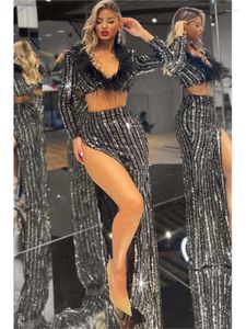 Scen Wear 2024 Silver Sequin Stripe Feathered V-Neck Design High Split Wrap Hip aftonklänning