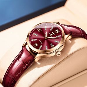 TRSOYE Brand Wine Red Dial Temperament Womens Watch Breathable Leather Strap Ladies Watches Luminous Function Trendy Goddess Wrist300z