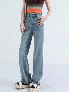 Women's Jeans Aoaiiys High Waisted Women Denim Pants Y2k Wide Leg Blue Trousers Full Length Korean Mom Button Straight