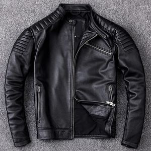 Fatos masculinos a primeira camada de jaqueta de couro de couro para homens colarinho magro tendência de motocicleta