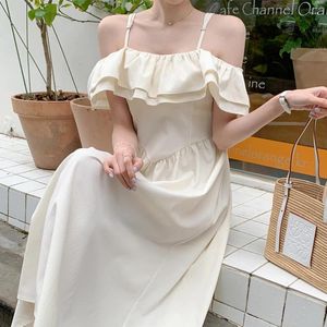 Casual Dresses Female Dress Holiday One-Neck Off-the-Shoulder Suspender Women's Summer French Temperament Stitching Ruffles Long