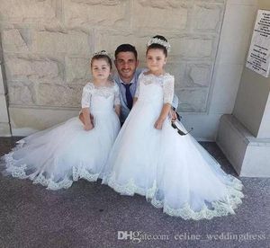 Abito da ballo bianco avorio maniche lunghe fiori abiti da ragazza per matrimoni abito da prima comunione in pizzo abiti da spettacolo con fiocco9413496