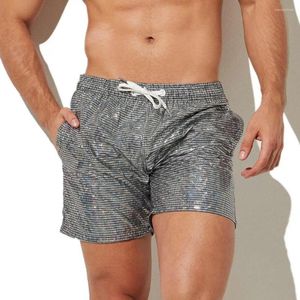 Shorts masculinos com estampa metálica, calças de praia com cordão brilhante, lantejoulas, academia, cintura elástica, secagem rápida, respirável para jogging