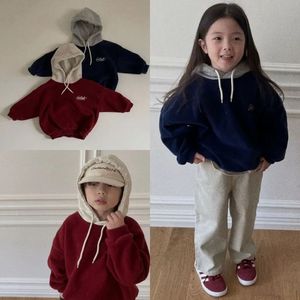 Корейские осенне-зимние детские толстовки с капюшоном для девочек и мальчиков, плюшевый пуловер с капюшоном и буквами, детская одежда, топы для мальчиков 240301