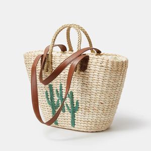 Casual Embroidered Lemon Straw Basket Bag Paper Woven Women Handbags Handmade Summer Beach Shoulder Bags Large Tote Bali Purses 240301