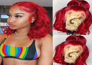 Spetsspår Red Bob Frontal Yellow 99J Bourgogne Wavy Curly 13x4 Front Wig Full Density Colored Human Hair Closure89800711199610
