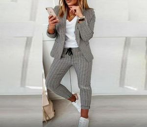 Women039s Two Piece Pants 2021 Jacket Elegant Blue Half Sleeve Plaid Coat Ol Styles Summer Blazers For Women Ladies Office Blaz2008082