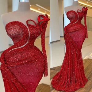 2024 Plus Size Árabe Aso Ebi Sereia Vermelha Vestidos de Baile Brilhantes Lantejoulas Rendas Noite Festa Formal Segunda Recepção Aniversário Vestidos de Noivado