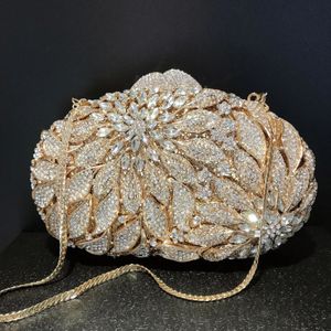 Gold Metal Leaves White Crystals Evening Clutch Bags Luxury Women Wedding Party Purse Ball Handbags Rhinestone Mini Minaudiere 240223