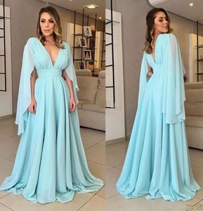 Prom Dresses Evening Gown Party Custom Zipper Pet Ny Plus Size A Line Light Blue V-Neck ärmlös golvlängd Chiffon