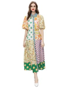 Designer High Quality Fashion Women's Designer Spring Print Loose Lantern Sleeve Bohemian Chic Casual Beach Travel Long Dress