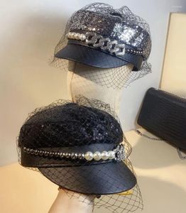 Berets 202409-YL Ins Chic Fashion Sequin Mesh Pearl Chain Lady Service Hat Women Leisure Visors Cap