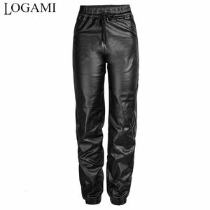 LOGAMI Pantaloni in ecopelle Pantaloni da donna con lacci elastici in vita Pantaloni autunno inverno spessi in PU neri 240222