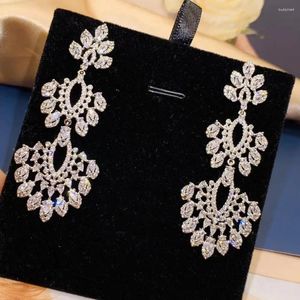 Dangle Earrings Luxury Full Mirco Paved Cubic Zircon Flower Bridal Drop Wedding Jewelry For Brides E9569