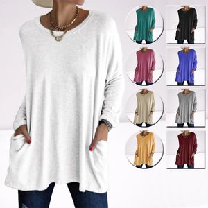 Сплошной цвет, винтажная футболка большого размера с карманами, женская одежда, модные осенние туники, базовый топ Y2k, женская футболка с длинным рукавом 240219