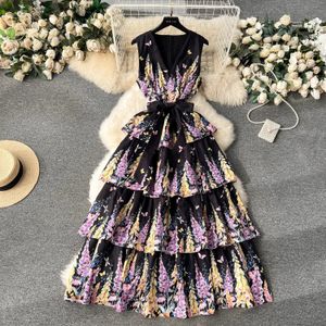 Pista feminina vestidos de verão bohemain em cascata babados bolo vestido moda feminina com decote em v sapghetti cinta flor impressão férias festa tanque vestidos 2024