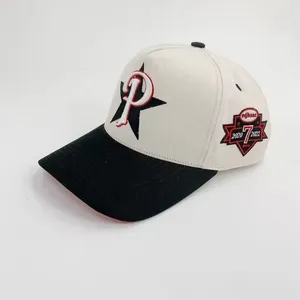 Top Caps Özel Yüksek Kalite 5 Panel Bir Çerçeve Tarzı Pamuk Beyzbol Kapağı 3D Yükseltilmiş Nakış Logosu İki Ton Şapkası
