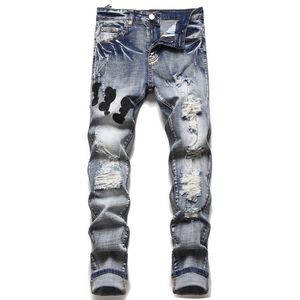 Дизайнерские джинсы, мужские брюки, льняные брюки, мужские джинсы в стиле хип-хоп, потертые рваные велосипедные брюки, облегающие мотоциклетные джинсовые мужские размеры 28-40 #012