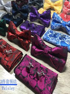 Paisley Bow Tie Set IE och Hanky ​​manschettknappar Silk Jacquard Men Fjäril