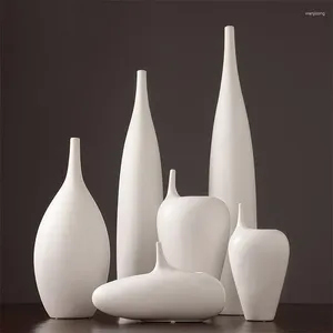 Vases Minimalism White Ceramic Vase Desk Decoration Artificial Flowers Flower Pots Creative Slender Bottle Mouth Porcelain