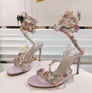 Alta qualidade rene caavilla borboleta flor decorativa sandálias de salto alto de couro genuíno lazer de luxo de luxo sapatos de gestão de festas de festas de casamento sandália de casamento