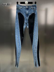 Jeans vgh lapptäckfickor casual denim byxor för kvinnor hög midja skarvad knapp träff färg chic bantning blyerts jeans kvinnlig ny