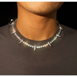 Wholesale Spike Design Fang Tennis Chain Cz Jewelry Hip Hop Rock Iced Out Colorful Pink Cz Black Chocker Necklace