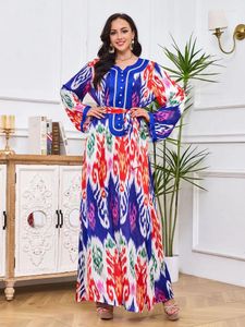 Etniska kläder ramadan jalabiya klänning muslimska eid kvinnor abaya tryck bälte klänningar långärmad mantel kaftan abayas dubai kalkon caftan vestidos