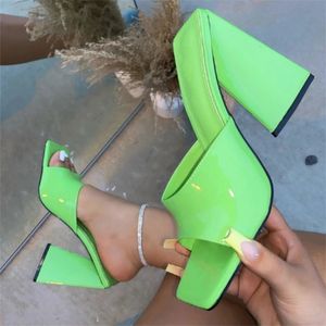 Summer Shoe Square Toe Slippers Sandaler Hoof Heels For High Heel Lady Patent Leather PVC Sandal Slipon 240301