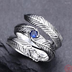 Anelli a grappolo autentico argento sterling S925 per uomo moda personalità vintage piuma intarsiata zircone gioielli punk