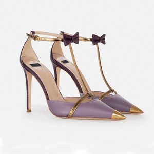 High Quality Stiletto Heels Evening Wedding Dress shoes golden Point toe bow Embellished ankle strap High-heeled sandals pumps Luxury Designers shoes party shoes