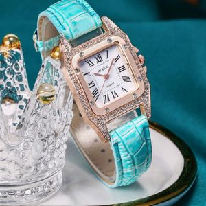 Mixiou 2021 Crystal Diamond Square Womens Watch Watch Colorful Leather Strap Fashion Quartz Ladies Wrist Watches Direct S233O