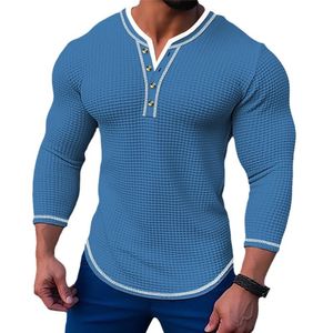 Moda Uomo Henley Colletto Magliette Casual Waffle Slim Fit Manica lunga Scollo a V Bottone Tees Tops Pullover T Shirt Abbigliamento 240223