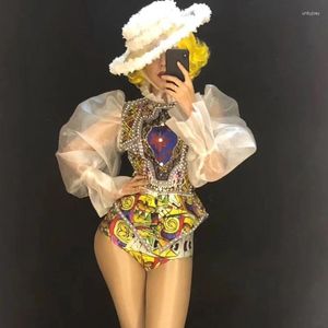 Scen Wear Retro Gold Flower Lace Bodysuit Sexig transparent Net Yarn Jazz Disym Dance Leotard Performance Outfit Dwy1359