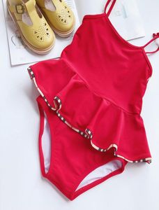 2019 neue Sommer Kinder Solide Rot Bademode Baby Mädchen Rot Karierten Bikini Kleid Bademode Einteiligen Badeanzug Schwimmen Trägt T2004138782460