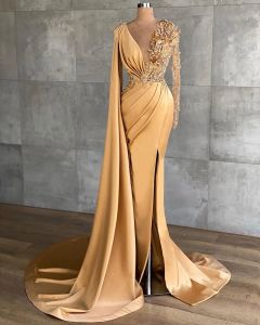 Aso Ebi 2024 Arabic Gold Mermaid Sexy Evening Dresses Beaded Crystals Prom Dresses High Split Formal Party Second Reception Gowns