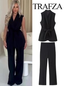 Trafza Womens Suit Elegant Black Fashion Sexy V Neck Slim Vest Belt Waistcoats Top Woman Office Outwear High midjebyxor 240219